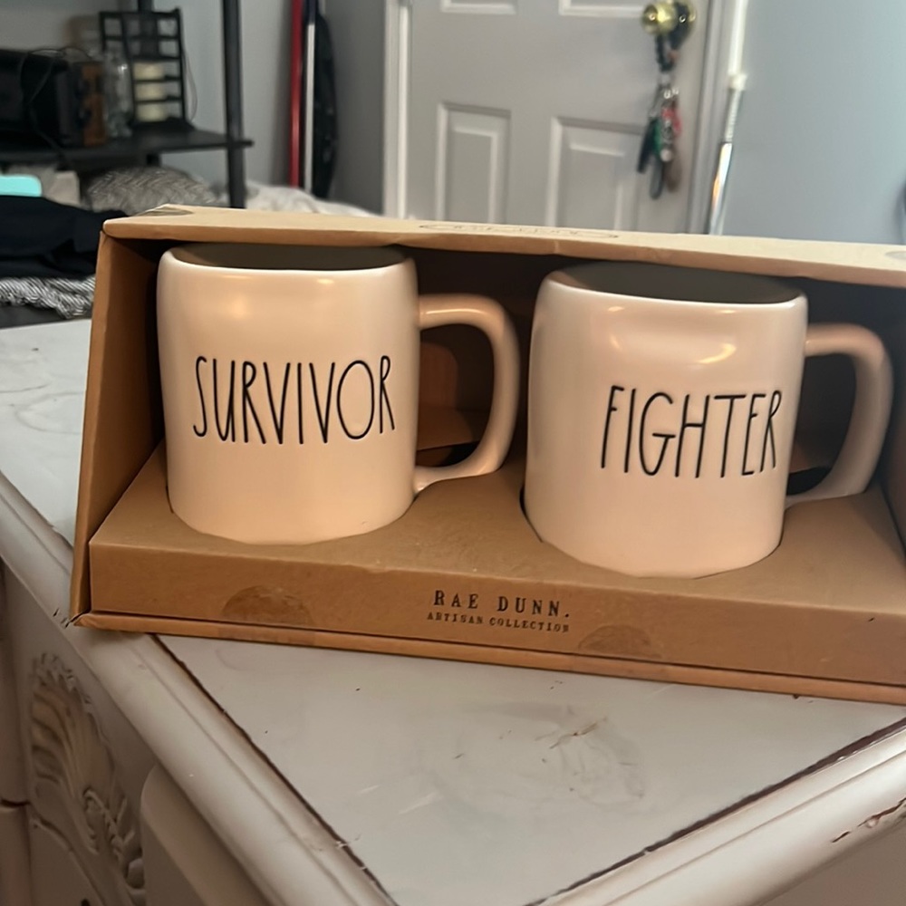 Rae Dunn Survivor and Fighter mug set
